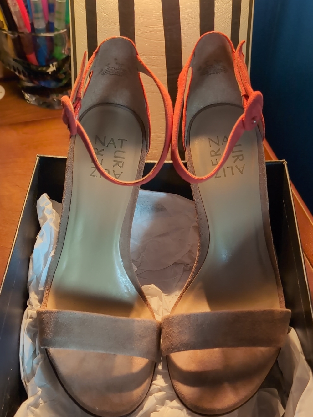 Naturalizer Two-Tone Suede Open-Toe Heels in Coral and Taupe